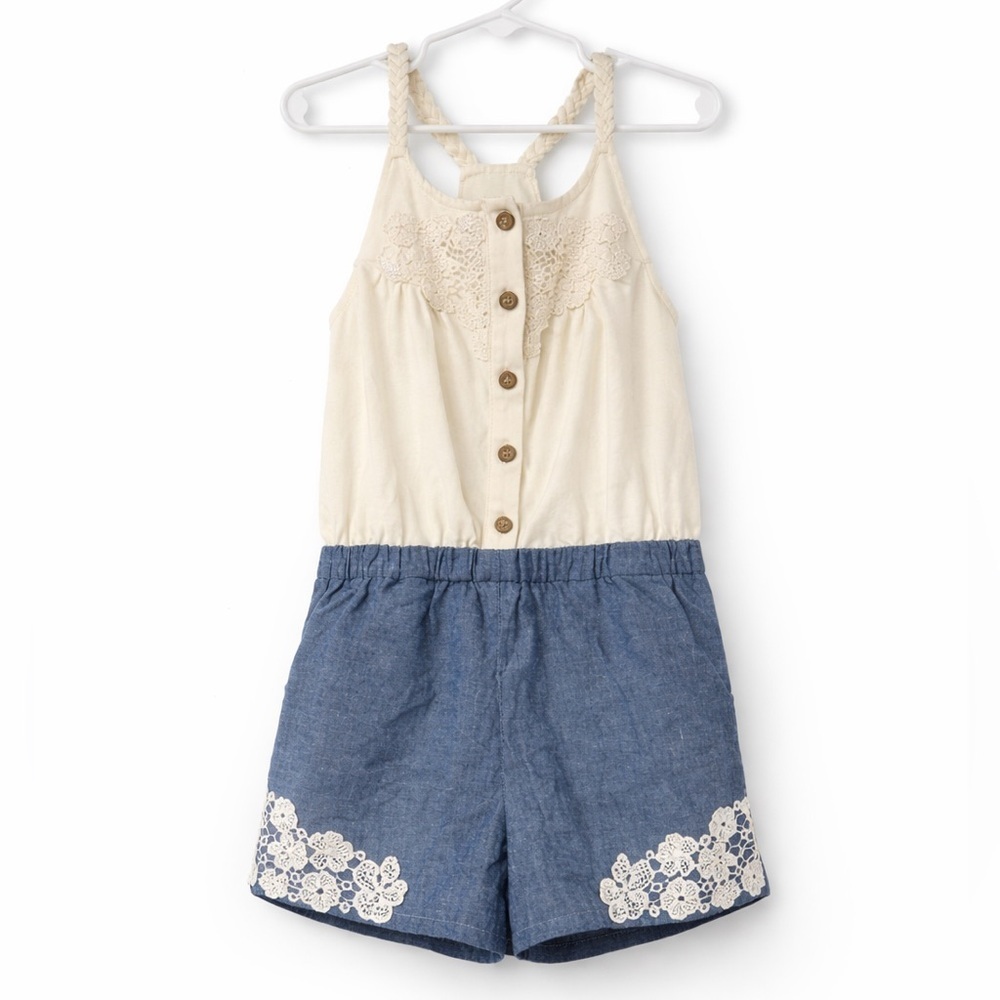 Aphorism Cream and Blue Lace-Trim Romper